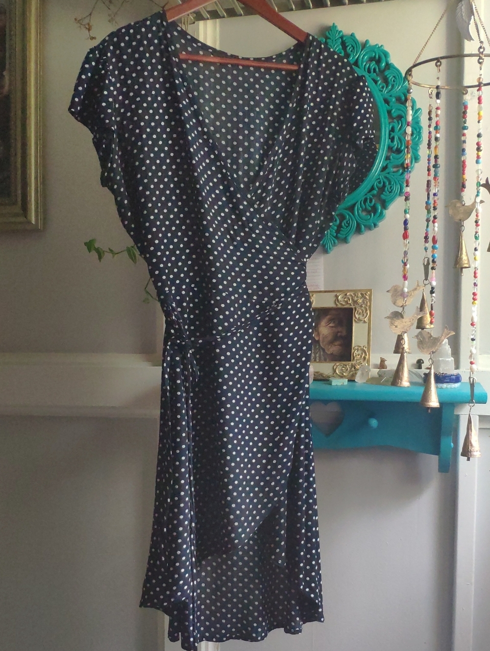 Navy Polka Dot Wrap Midi Dress with Self-Tie Waist